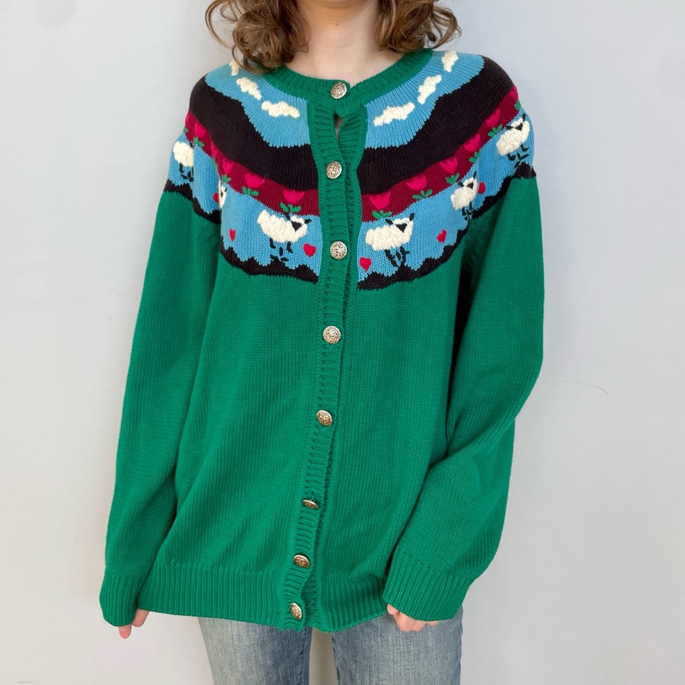Charter Club Vibrant Green Cardigan with Colorful Design